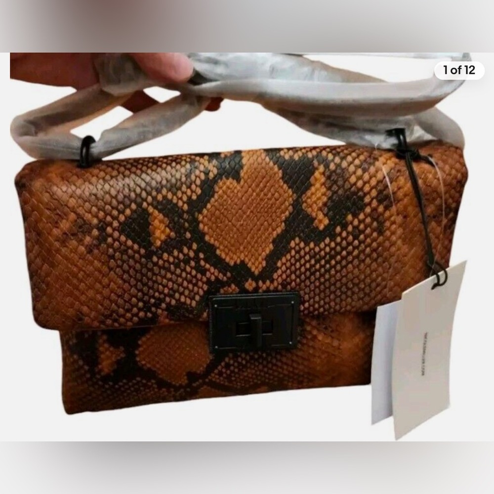 Nicole Miller Brown and Black Snake Skin Crossbody Purse - Black Chain Strap NWT - Picture 3 of 11